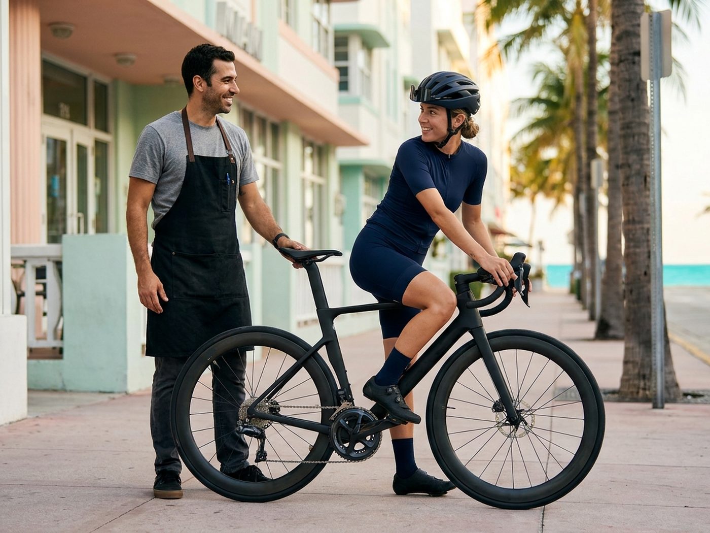 Atendente entregando uma bike de estrada para uma ciclista em Miami